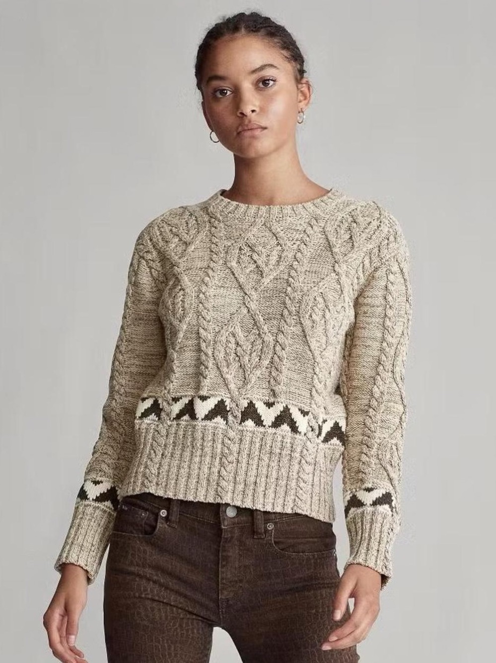 Polo RALPH LAUREN Linen SILK Cotton Sweater ARAN CABLE KNIT Tan Brown Large